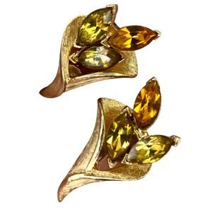 Vintage CORO Earrings Floral Yellow Rhinestone Crystal 10K Gold Plated Clip On